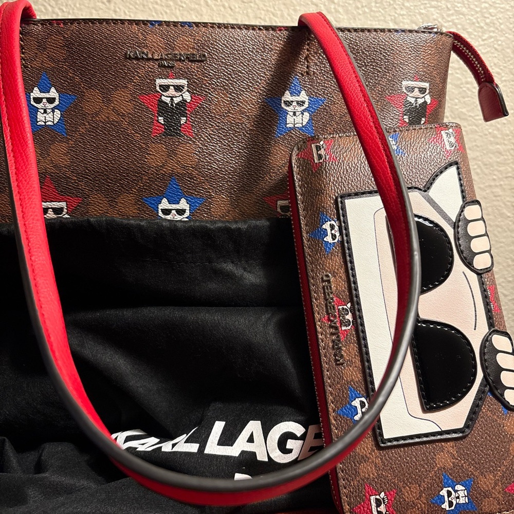 Karl Lagerfeld Brown and Red Tote with Matching Wallet